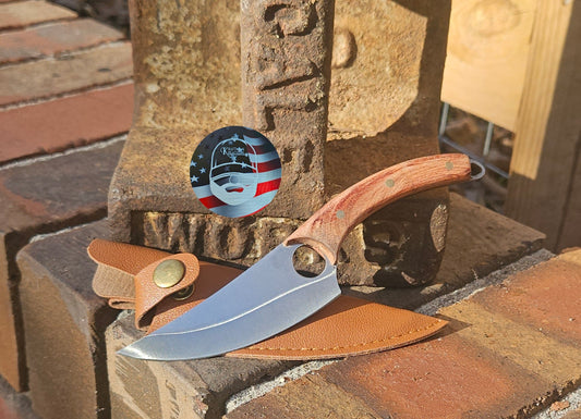 Custom engraved wood handle  and custom engraved sheath. See pics for example.