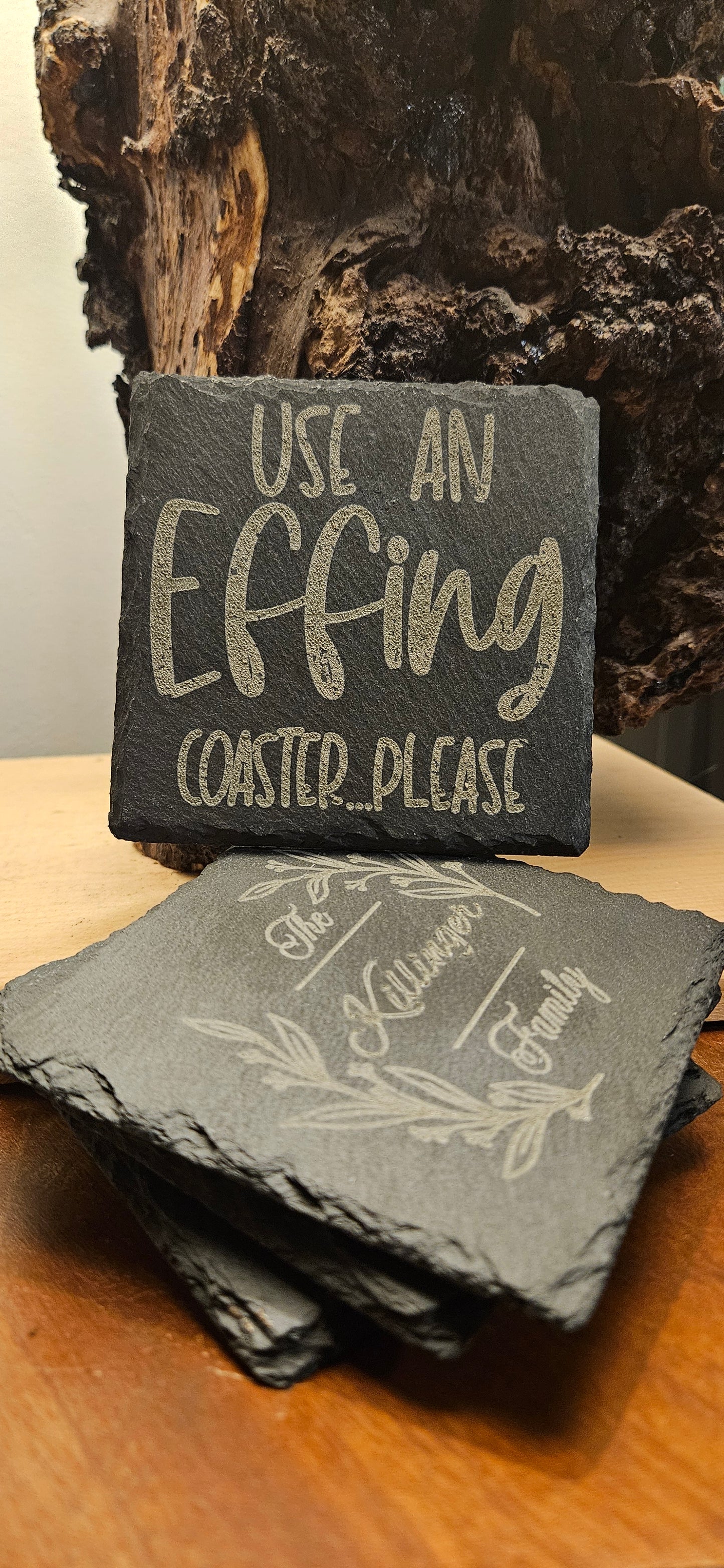 Custom engraved stone coaster set