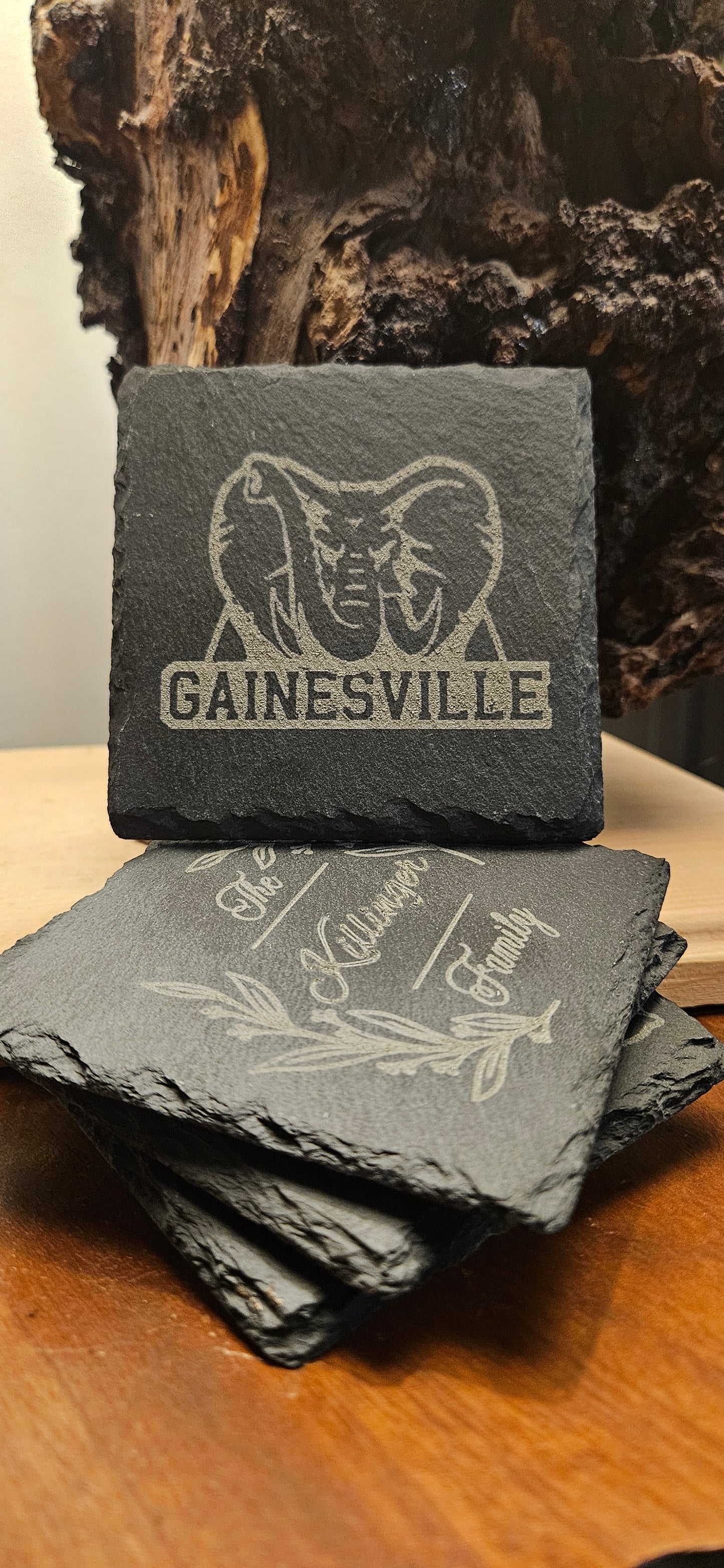 Custom engraved stone coaster set