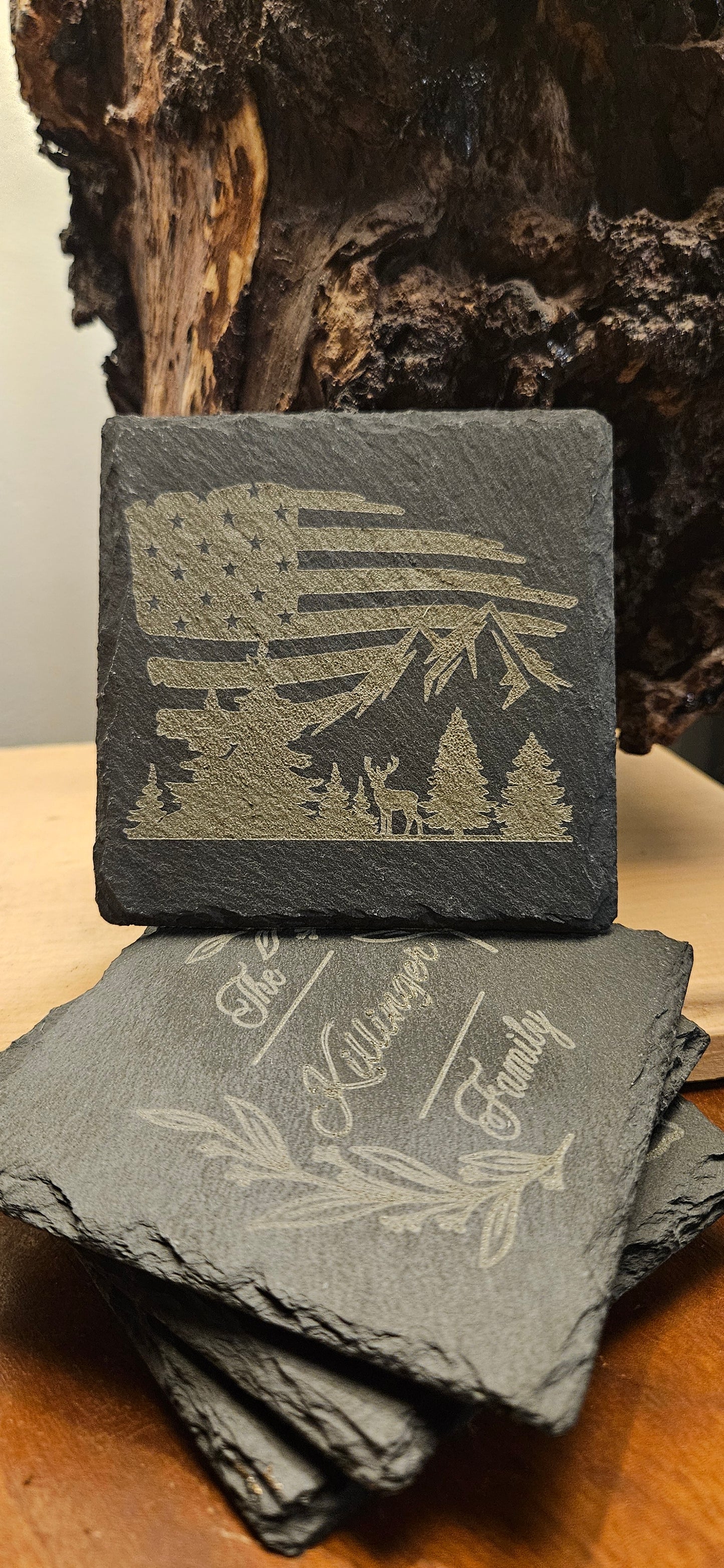 Custom engraved stone coaster set